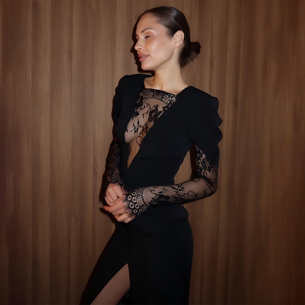 Fitted Midi Dress with Lace and Slit Design - SALIN