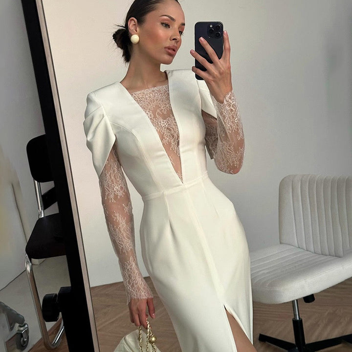 Fitted Midi Dress with Lace and Slit Design - SALIN