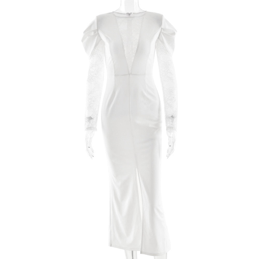Fitted Midi Dress with Lace and Slit Design - SALIN