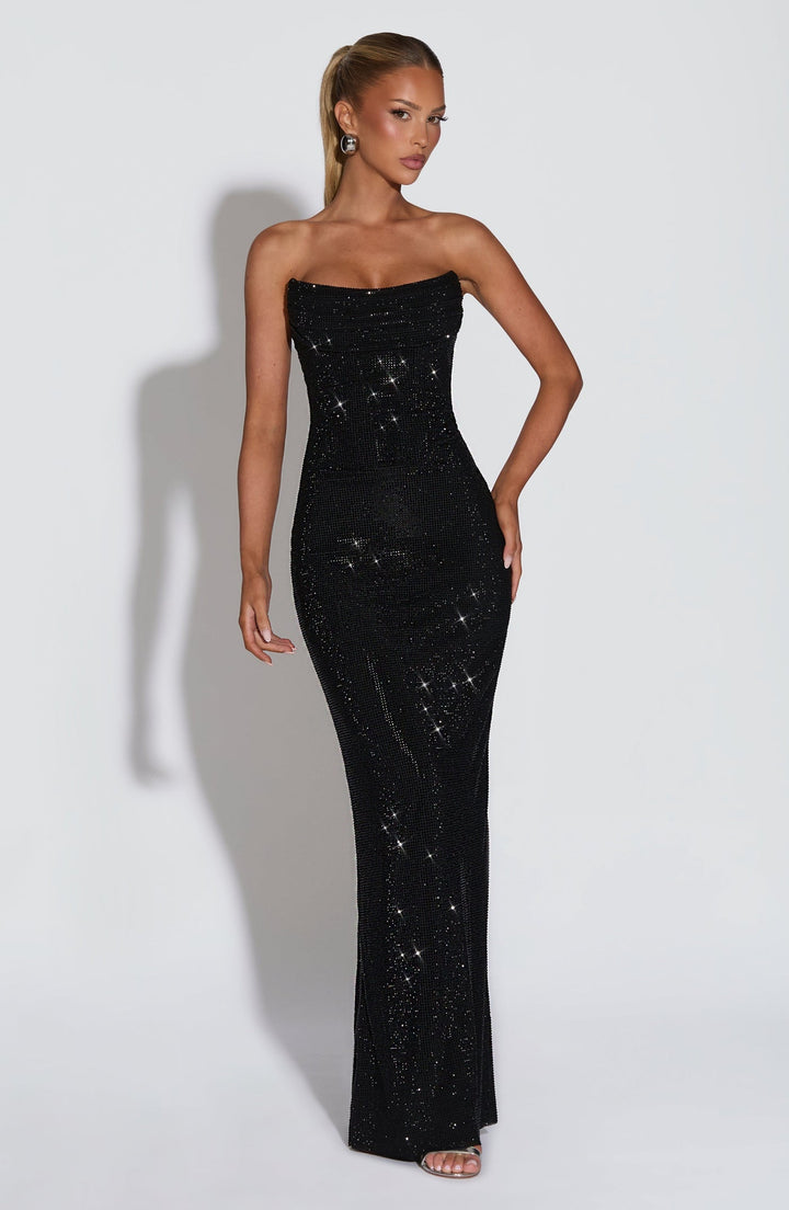 Strapless maxi evening dress with sparkling rhinestone embellishments – GLOW