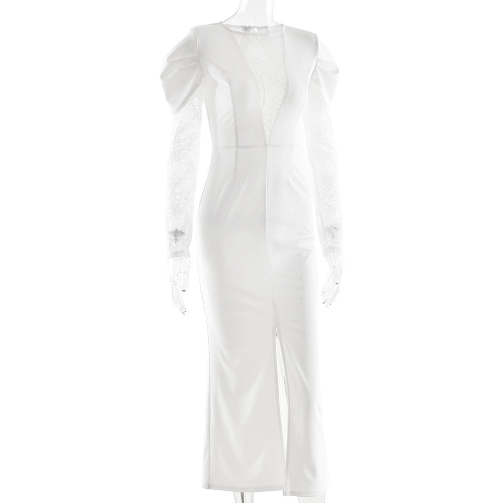 Fitted Midi Dress with Lace and Slit Design - SALIN
