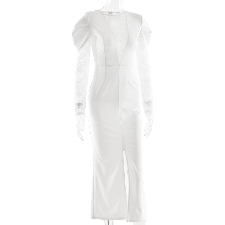 Fitted Midi Dress with Lace and Slit Design - SALIN