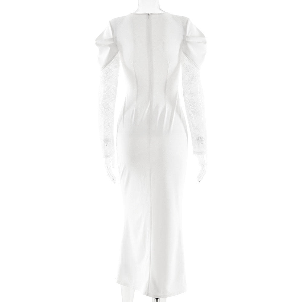 Fitted Midi Dress with Lace and Slit Design - SALIN