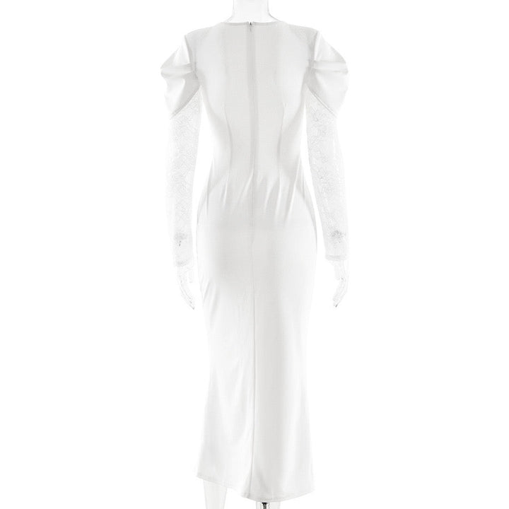 Fitted Midi Dress with Lace and Slit Design - SALIN