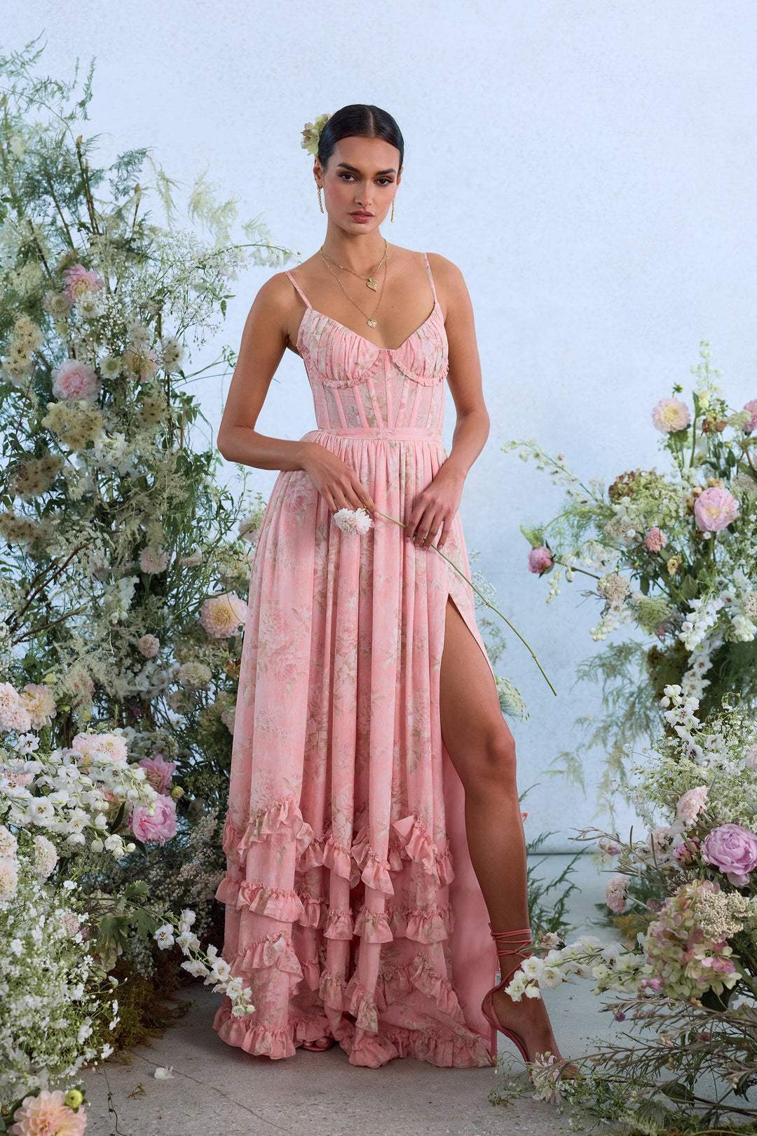 Floral chiffon ruffled maxi dress with a slit design – Isabella
