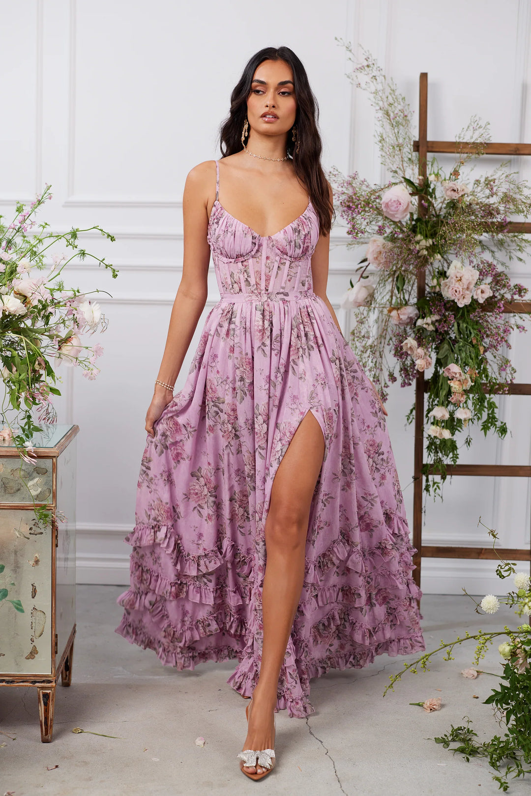 Floral chiffon ruffled maxi dress with a slit design – Isabella