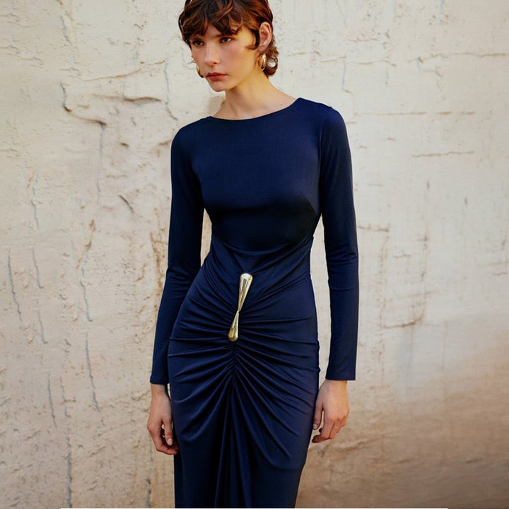 Maxi Dress with Ruching and Buckle Design - RAVIV