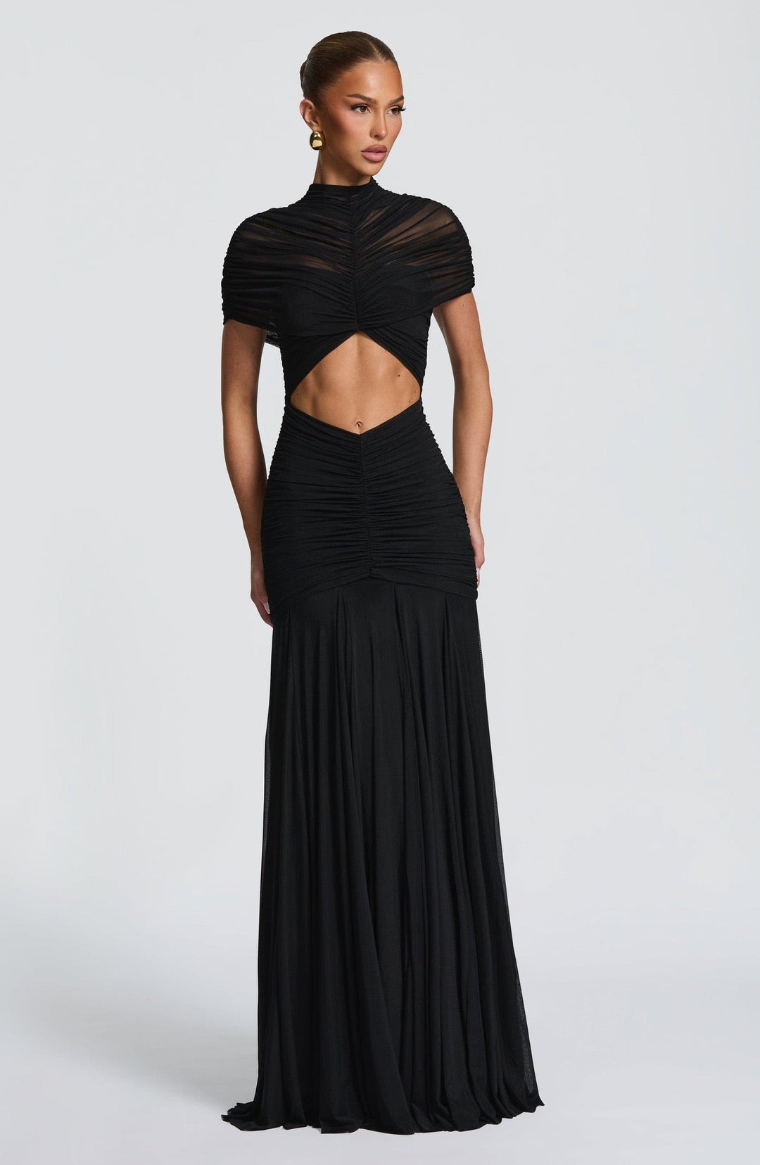 Maxi Dress with Slit and Ruching, Chiffon Decoration - Caro