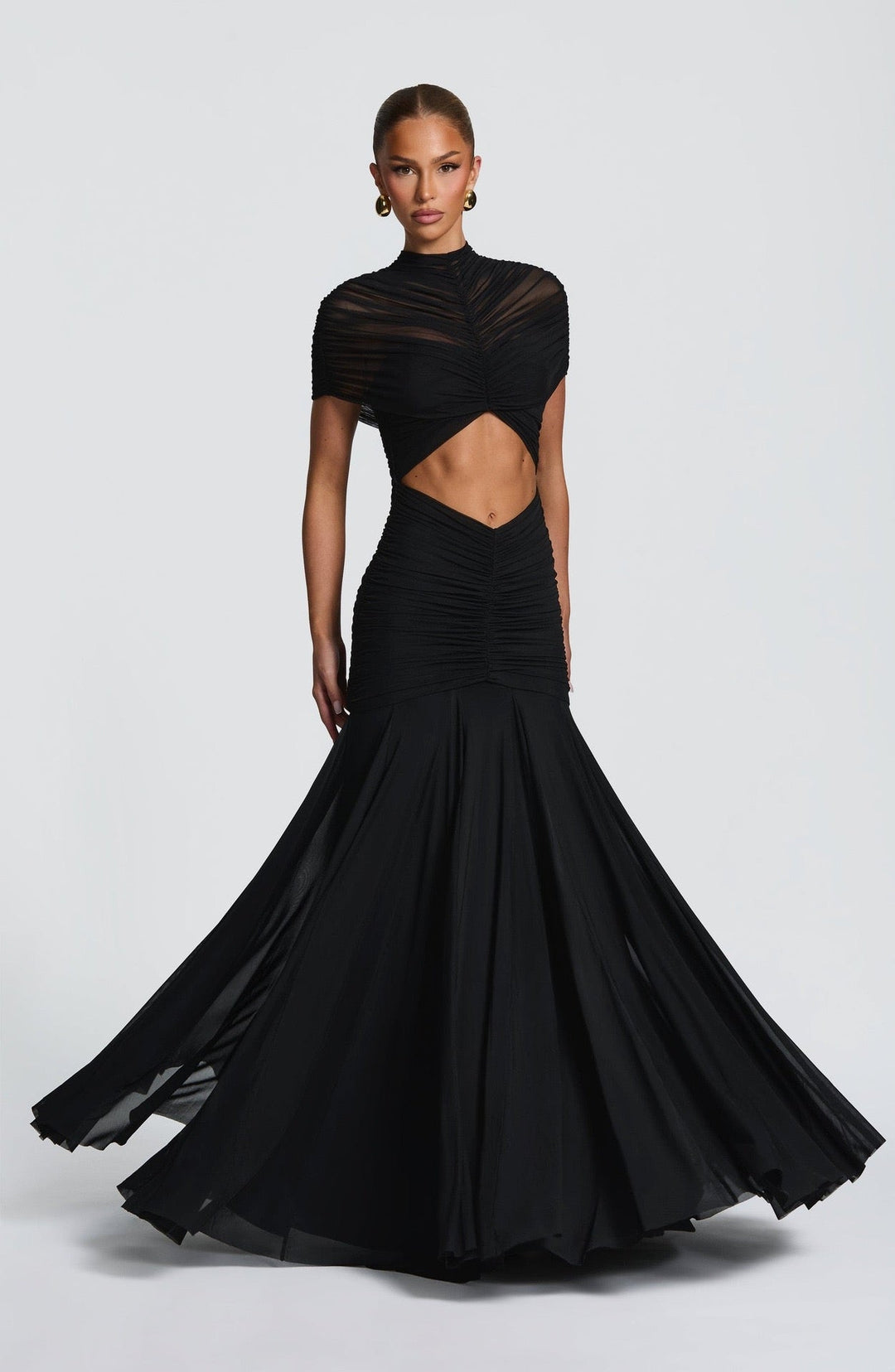 Maxi Dress with Slit and Ruching, Chiffon Decoration - Caro