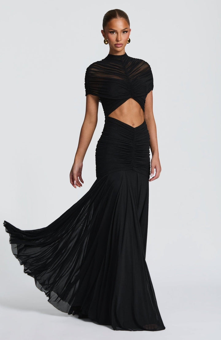 Maxi Dress with Slit and Ruching, Chiffon Decoration - Caro