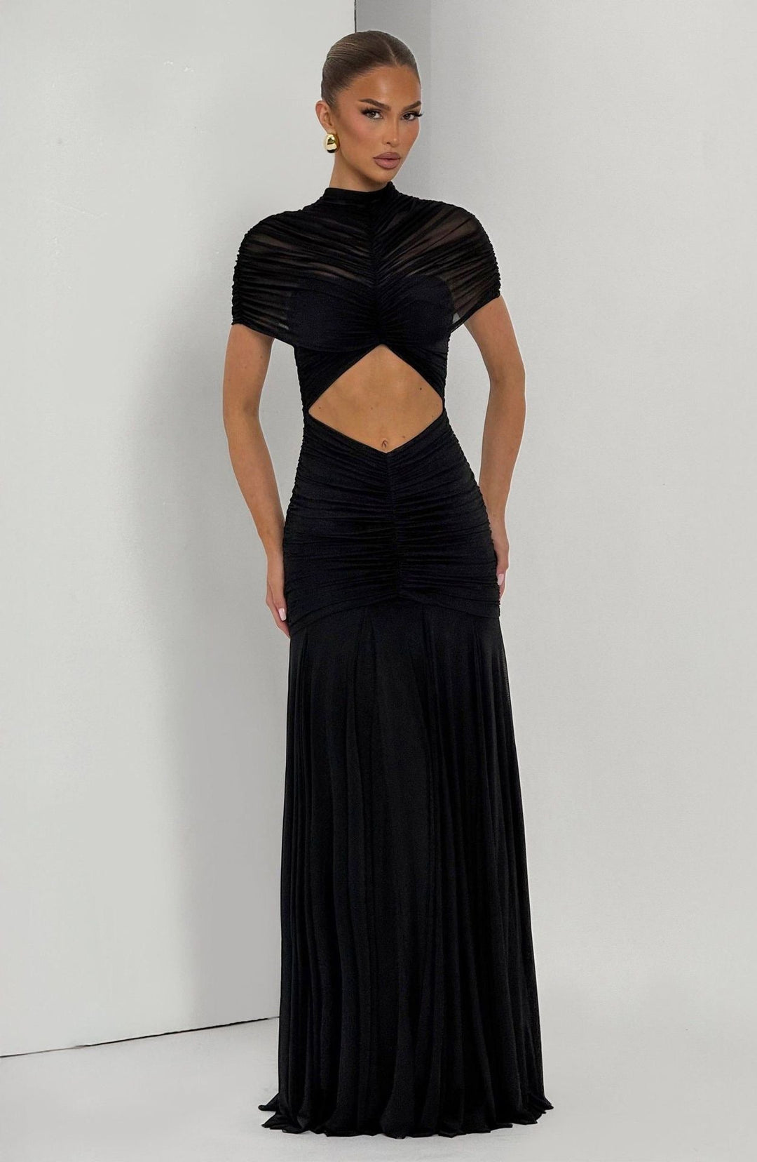 Maxi Dress with Slit and Ruching, Chiffon Decoration - Caro