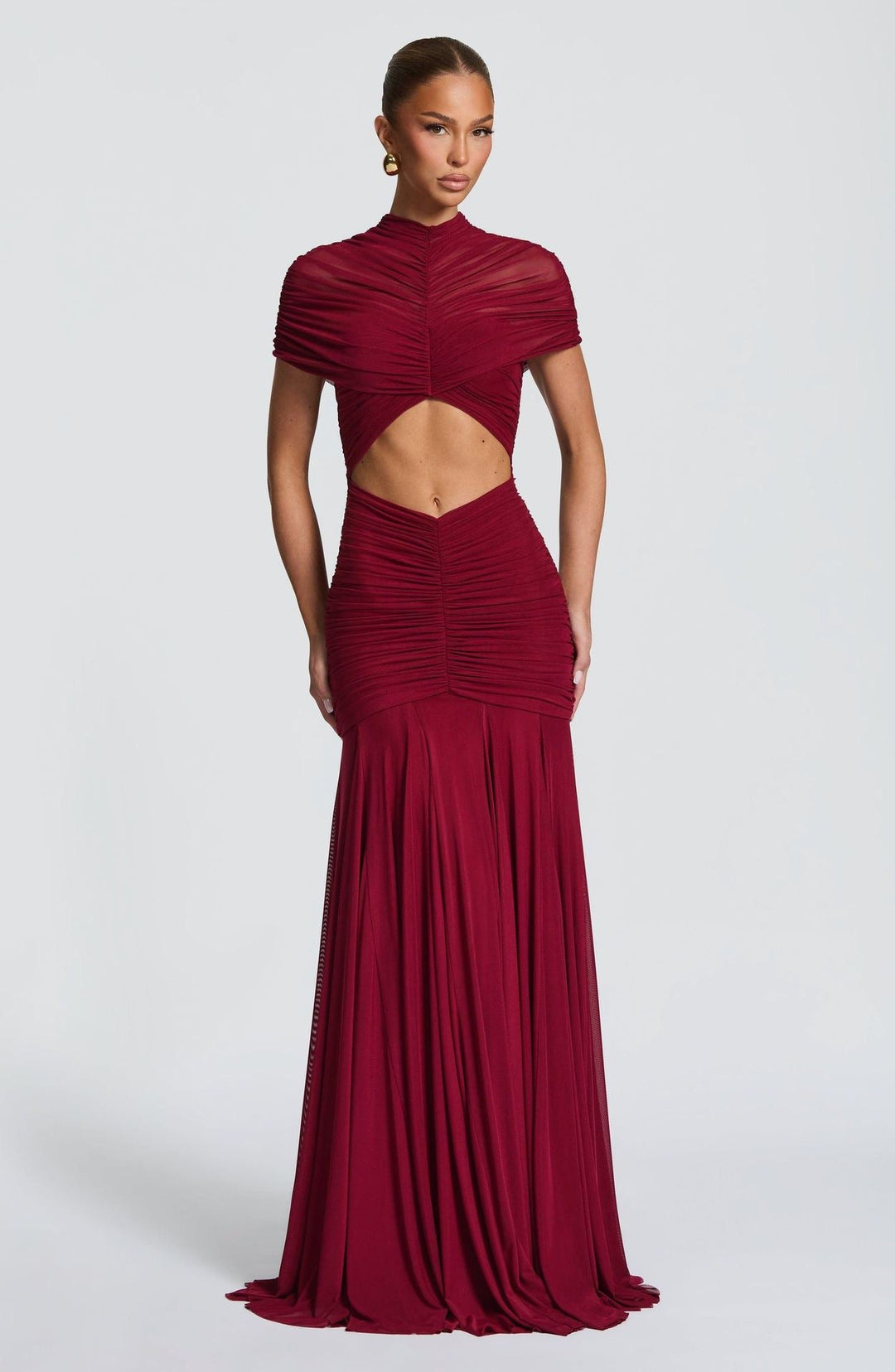 Maxi Dress with Slit and Ruching, Chiffon Decoration - Caro