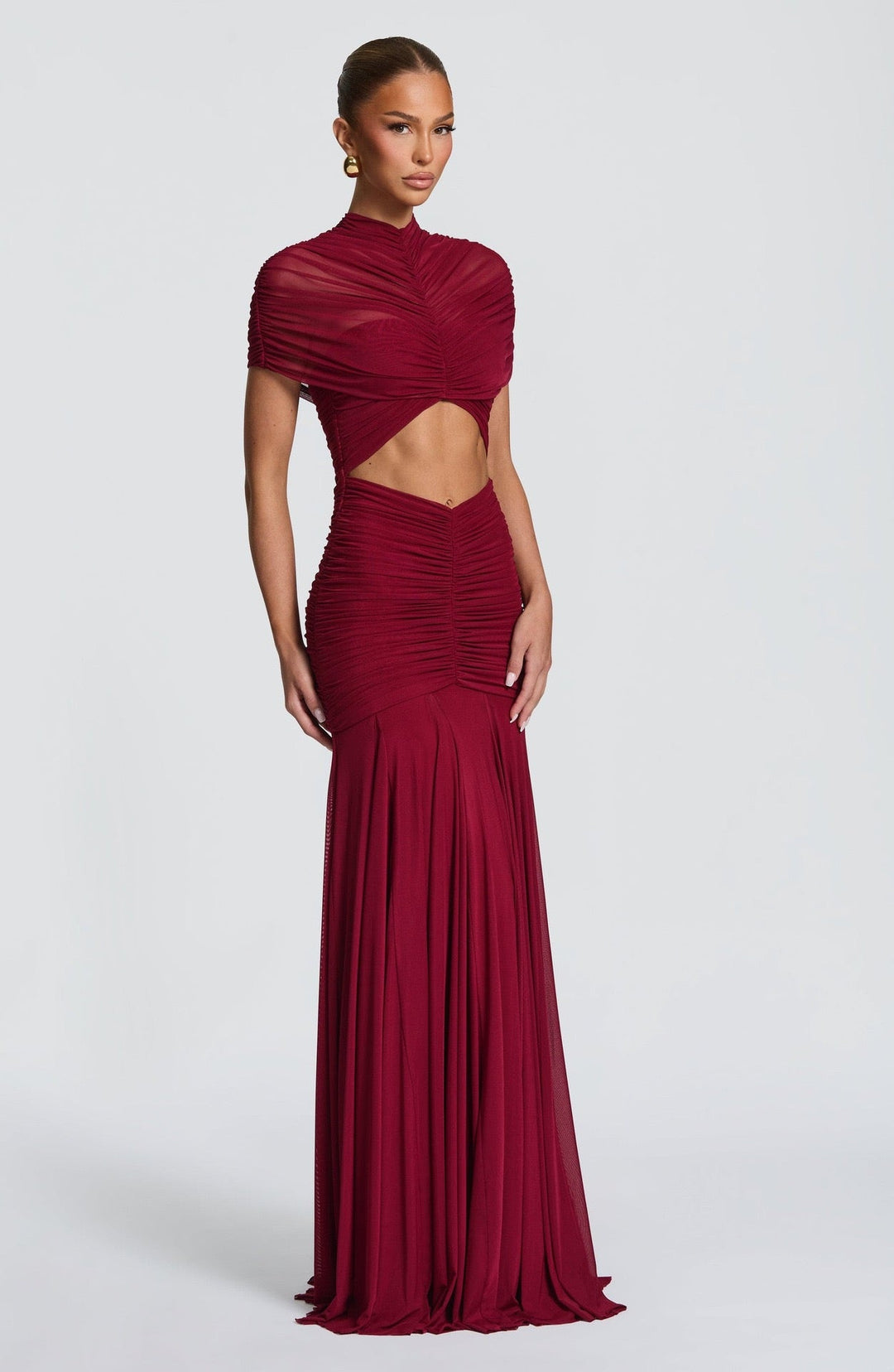 Maxi Dress with Slit and Ruching, Chiffon Decoration - Caro