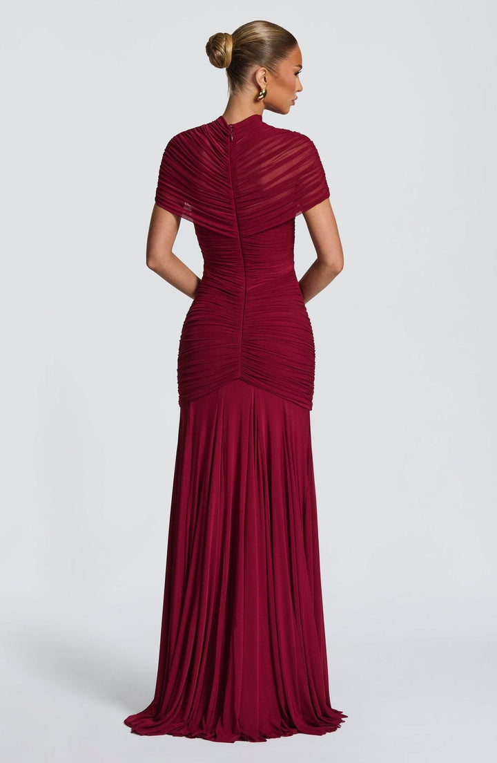 Maxi Dress with Slit and Ruching, Chiffon Decoration - Caro