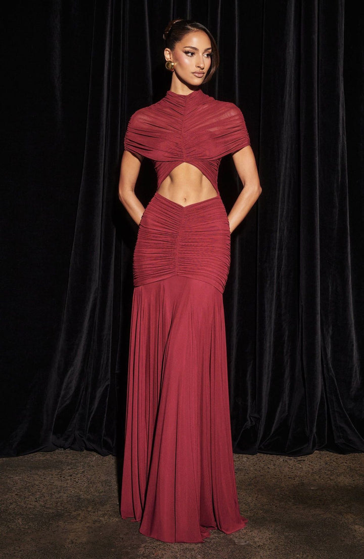Maxi Dress with Slit and Ruching, Chiffon Decoration - Caro