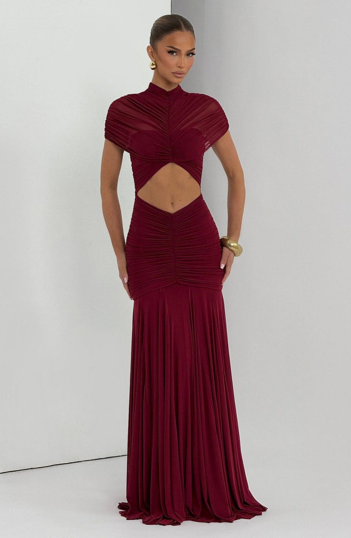 Maxi Dress with Slit and Ruching, Chiffon Decoration - Caro