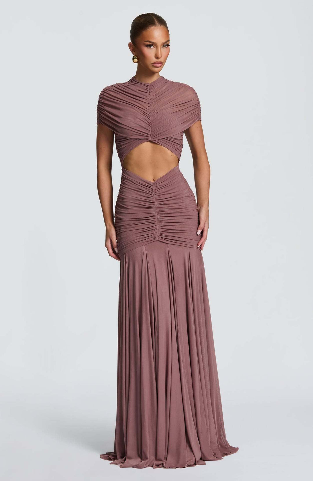 Maxi Dress with Slit and Ruching, Chiffon Decoration - Caro