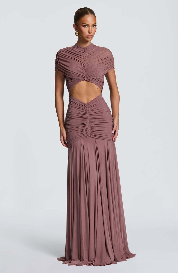 Maxi Dress with Slit and Ruching, Chiffon Decoration - Caro