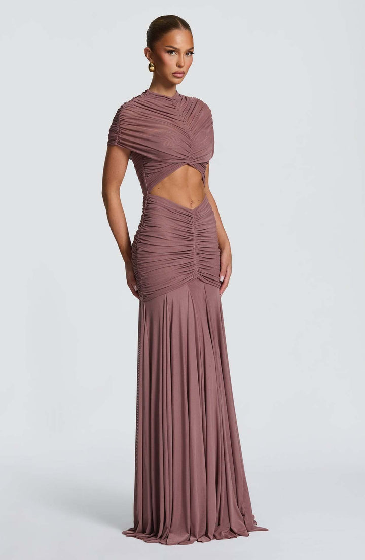 Maxi Dress with Slit and Ruching, Chiffon Decoration - Caro