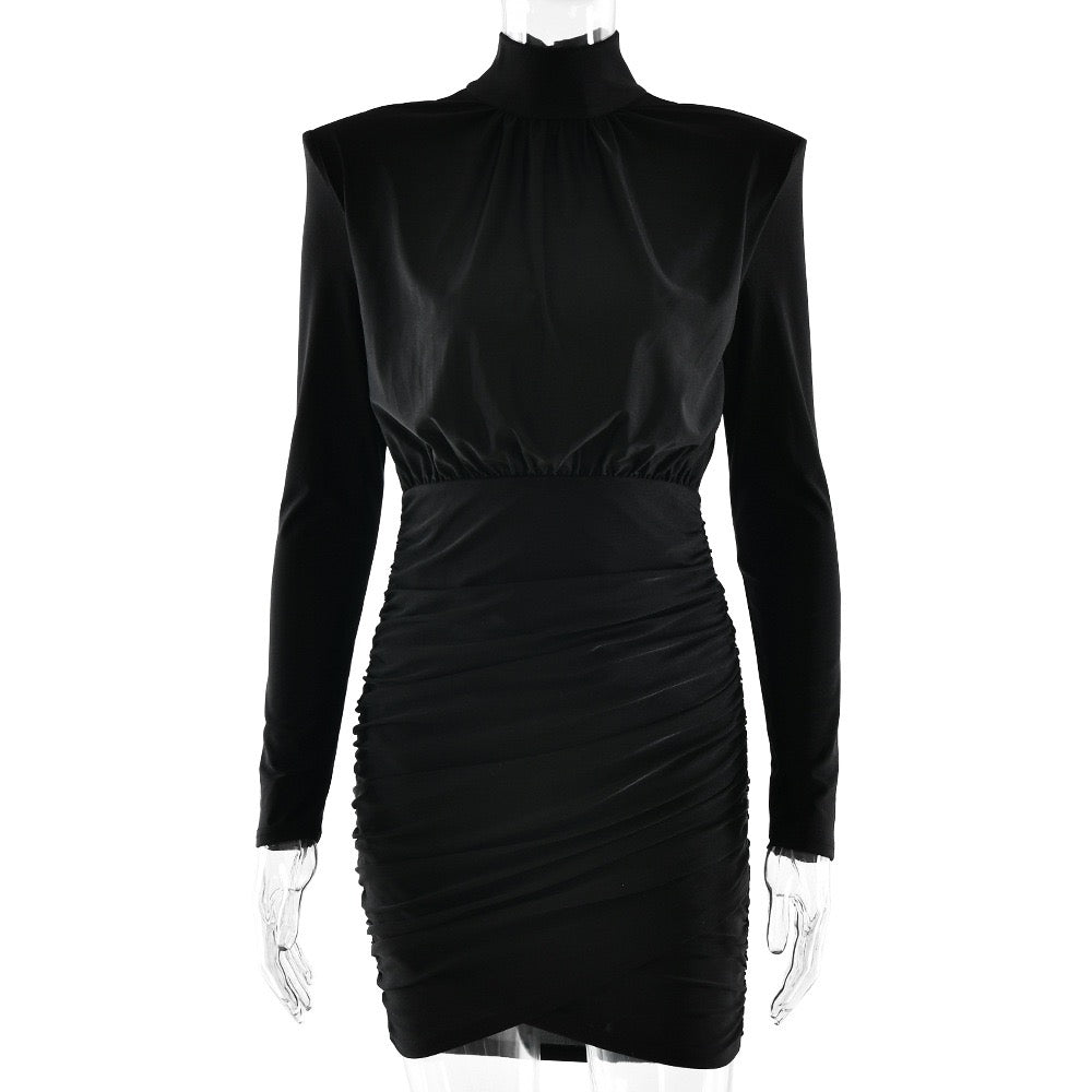 Turtleneck Mini Dress with Pleats in Shiny Fabric - JIMMY