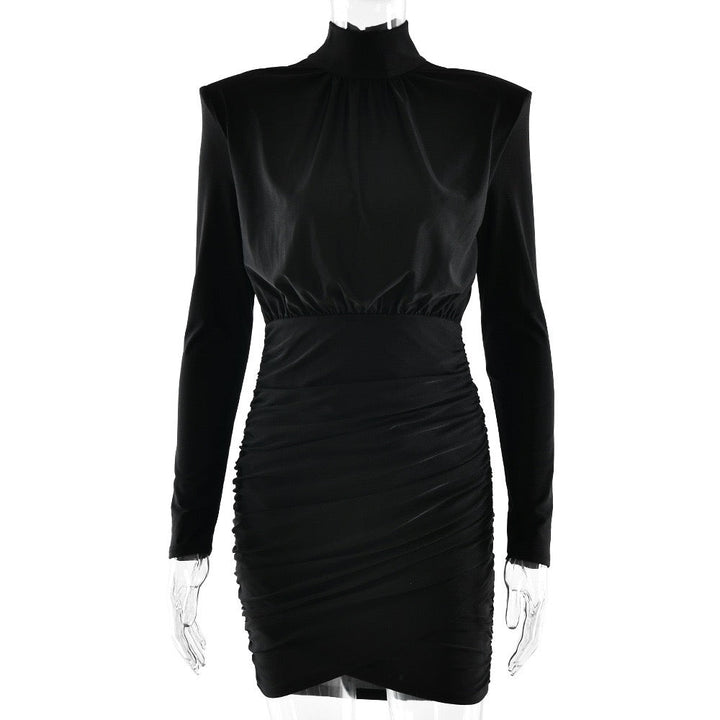 Turtleneck Mini Dress with Pleats in Shiny Fabric - JIMMY