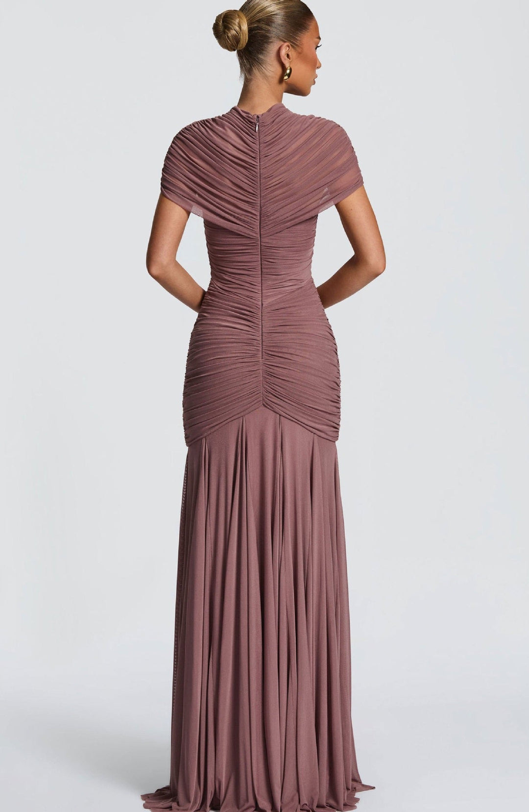 Maxi Dress with Slit and Ruching, Chiffon Decoration - Caro