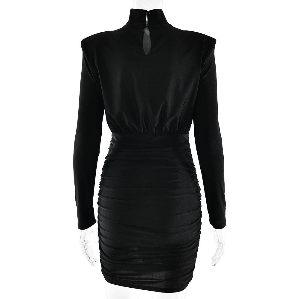Turtleneck Mini Dress with Pleats in Shiny Fabric - JIMMY