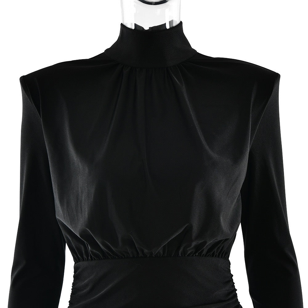 Turtleneck Mini Dress with Pleats in Shiny Fabric - JIMMY