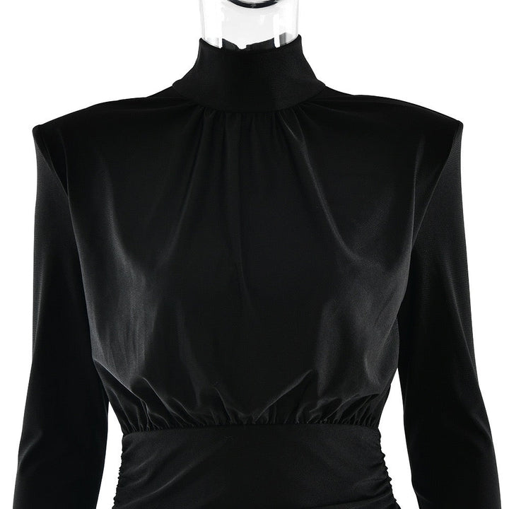Turtleneck Mini Dress with Pleats in Shiny Fabric - JIMMY