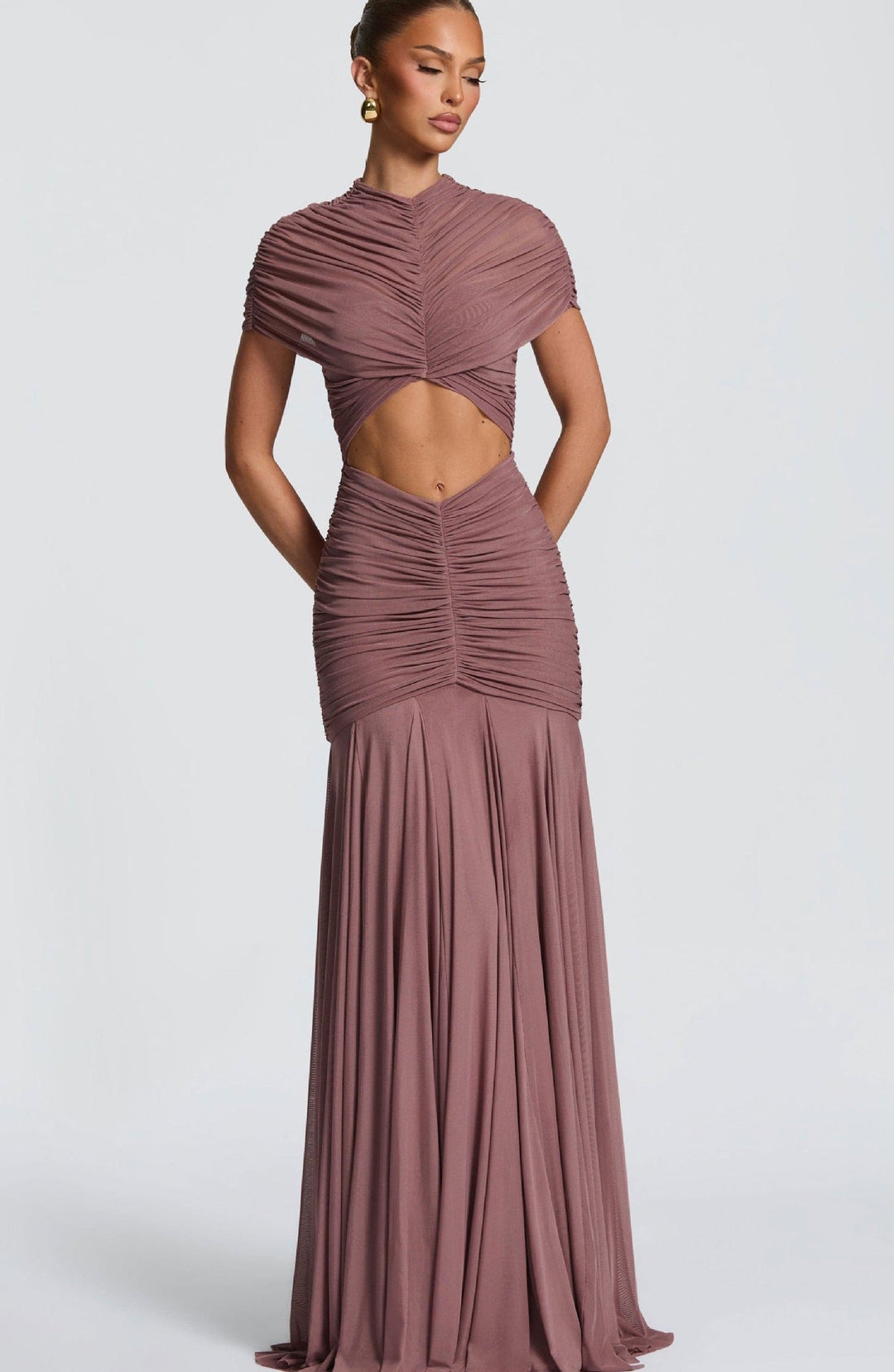 Maxi Dress with Slit and Ruching, Chiffon Decoration - Caro