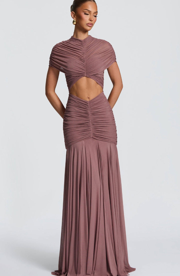 Maxi Dress with Slit and Ruching, Chiffon Decoration - Caro