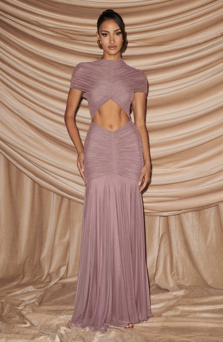 Maxi Dress with Slit and Ruching, Chiffon Decoration - Caro