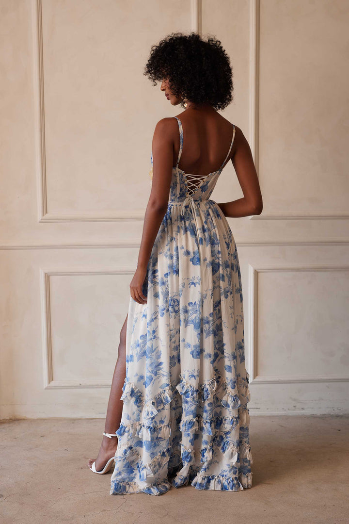Floral chiffon ruffled maxi dress with a slit design – Isabella