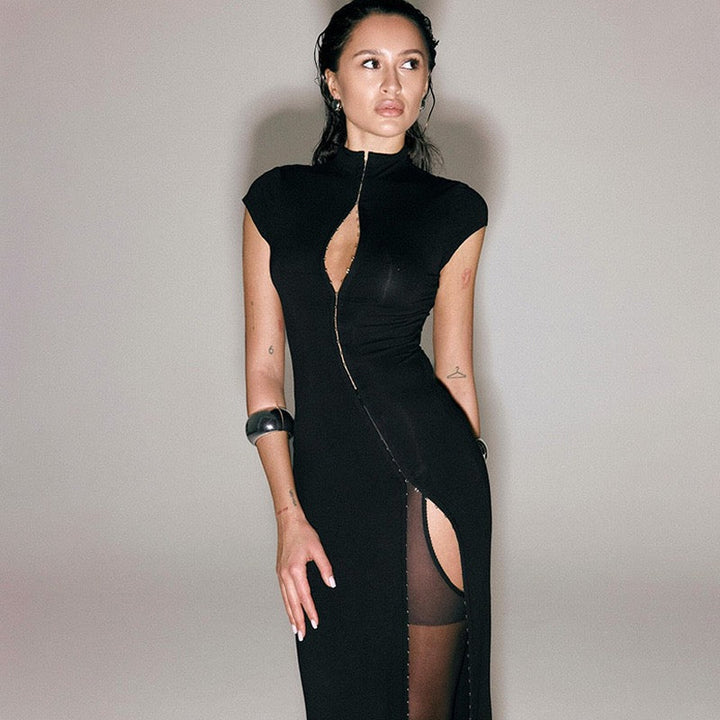 Maxi Dress with Asymmetric Slit and Pin Closure - Niv