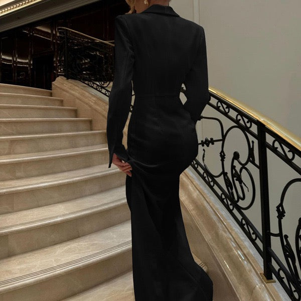 Elegant Tailored Maxi Dress with Button Decoration and Slit Design - YEARA