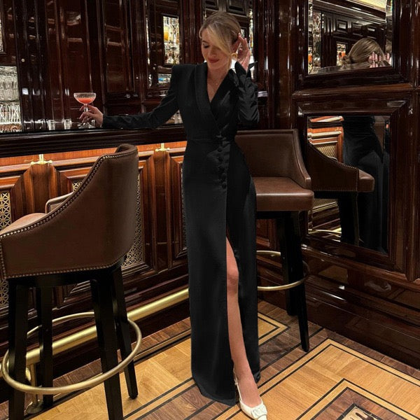 Elegant Tailored Maxi Dress with Button Decoration and Slit Design - YEARA