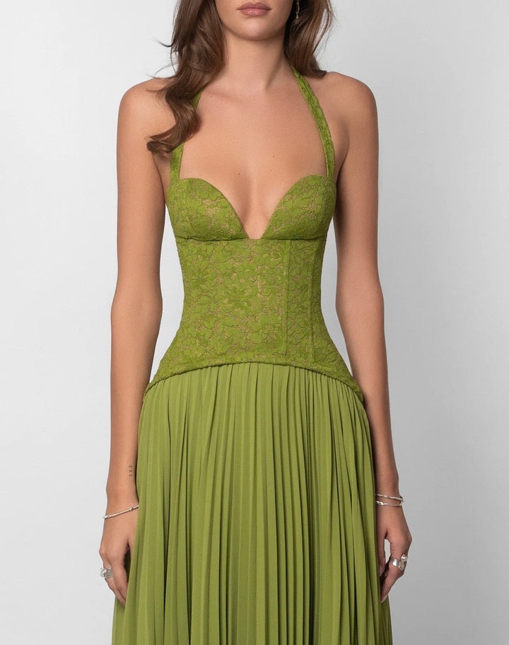 Pleated maxi dress with a lace design, back tie, and waist fastening - MELIA