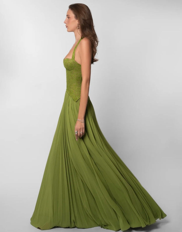Pleated maxi dress with a lace design, back tie, and waist fastening - MELIA
