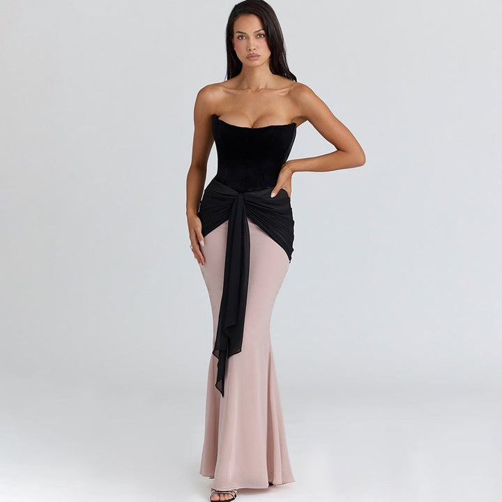 Strapless Velvet Corset Maxi Dress with Ruching and Chiffon Design - CAROLS