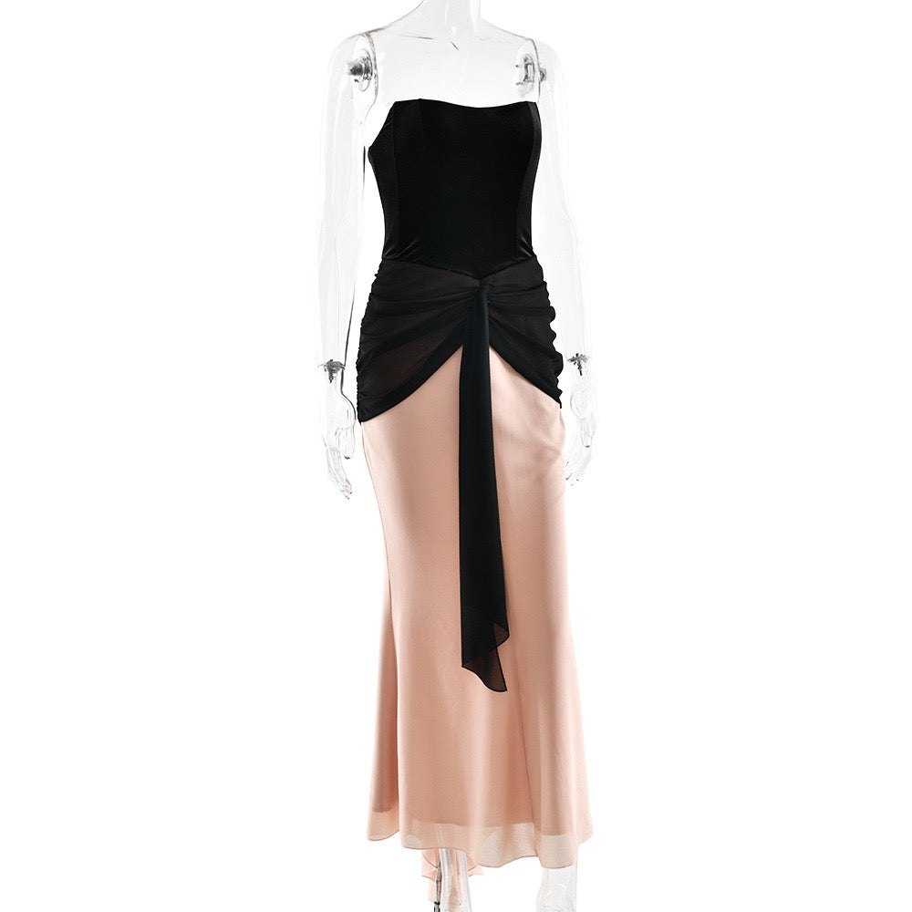 Strapless Velvet Corset Maxi Dress with Ruching and Chiffon Design - CAROLS