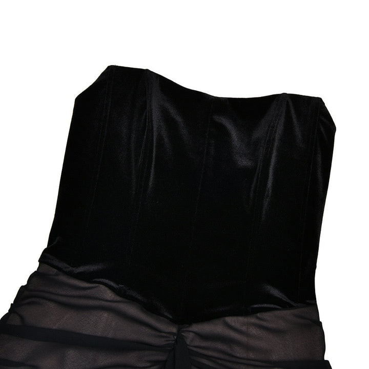 Strapless Velvet Corset Maxi Dress with Ruching and Chiffon Design - CAROLS