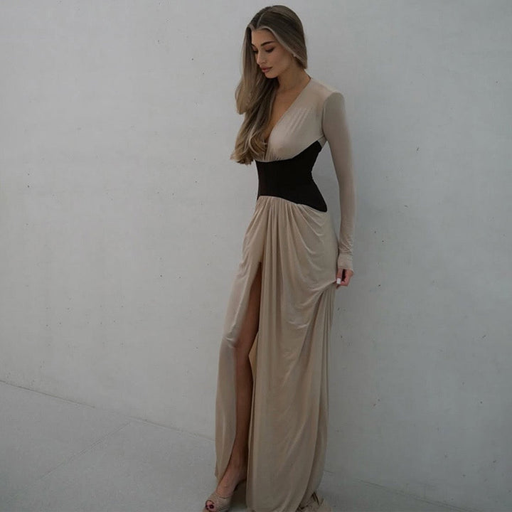 Corset Maxi Dress with Slit and Pleats, V-Neck, Open Back - TANIR