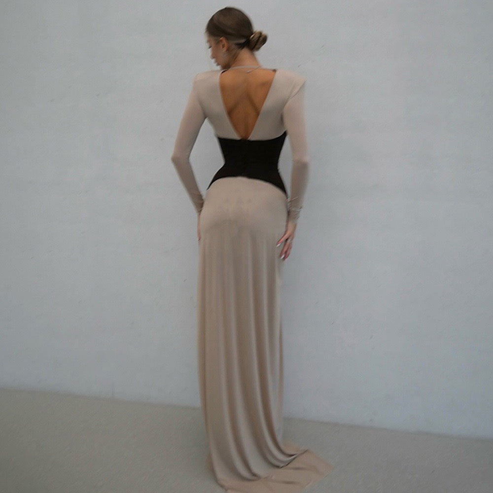 Corset Maxi Dress with Slit and Pleats, V-Neck, Open Back - TANIR