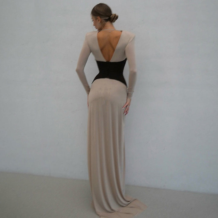 Corset Maxi Dress with Slit and Pleats, V-Neck, Open Back - TANIR