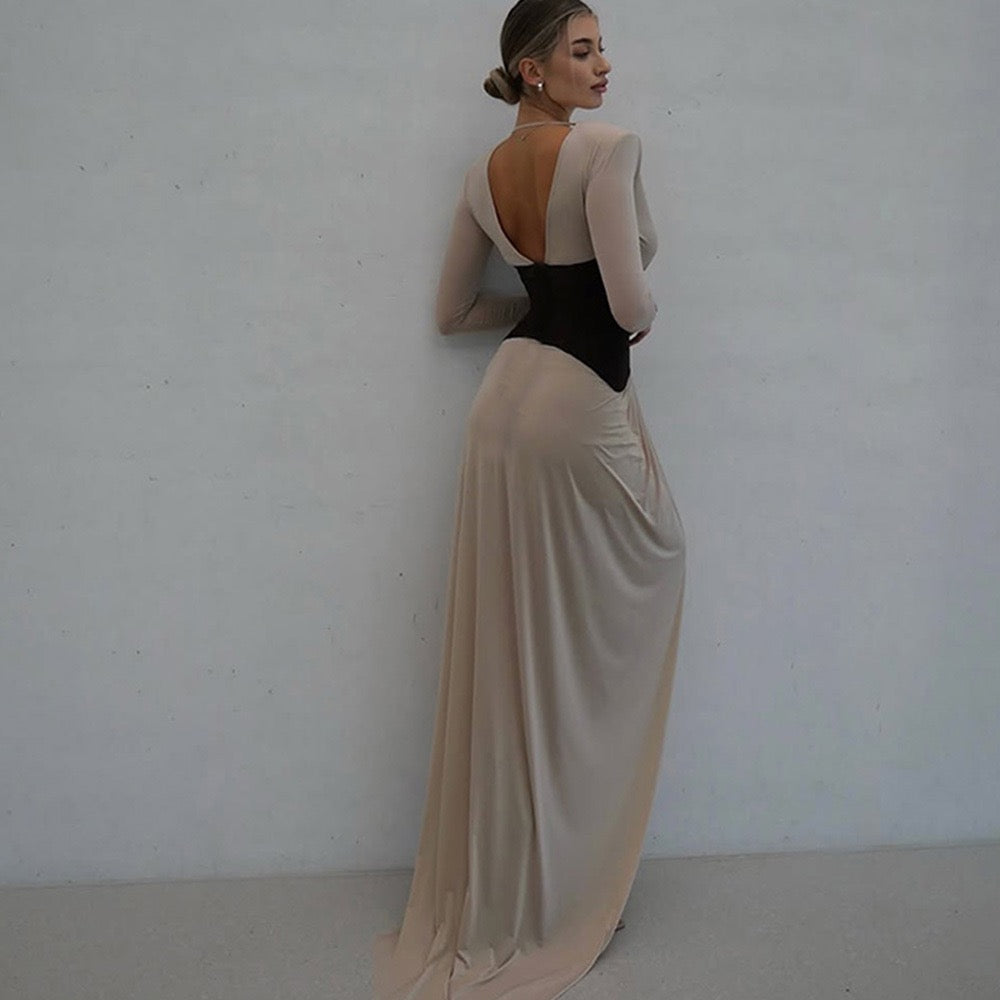 Corset Maxi Dress with Slit and Pleats, V-Neck, Open Back - TANIR