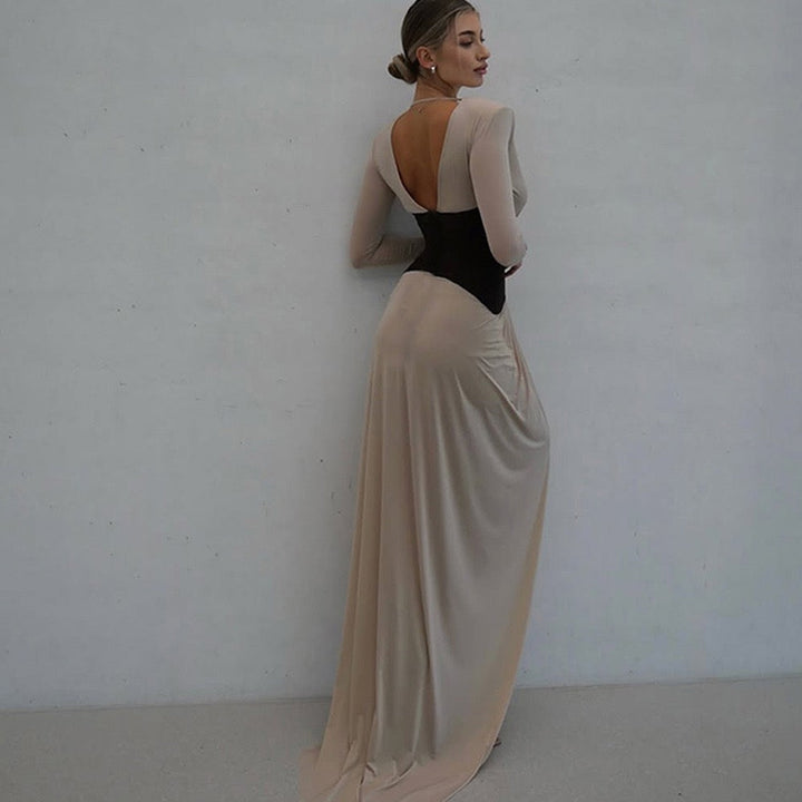 Corset Maxi Dress with Slit and Pleats, V-Neck, Open Back - TANIR