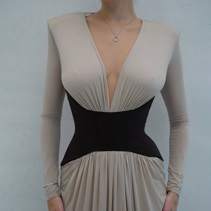 Corset Maxi Dress with Slit and Pleats, V-Neck, Open Back - TANIR