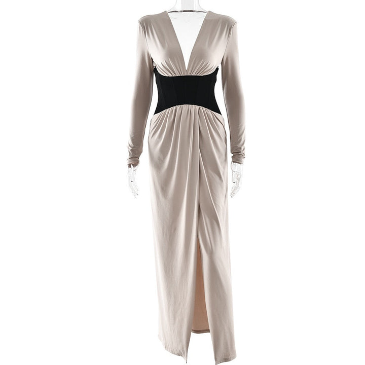 Corset Maxi Dress with Slit and Pleats, V-Neck, Open Back - TANIR