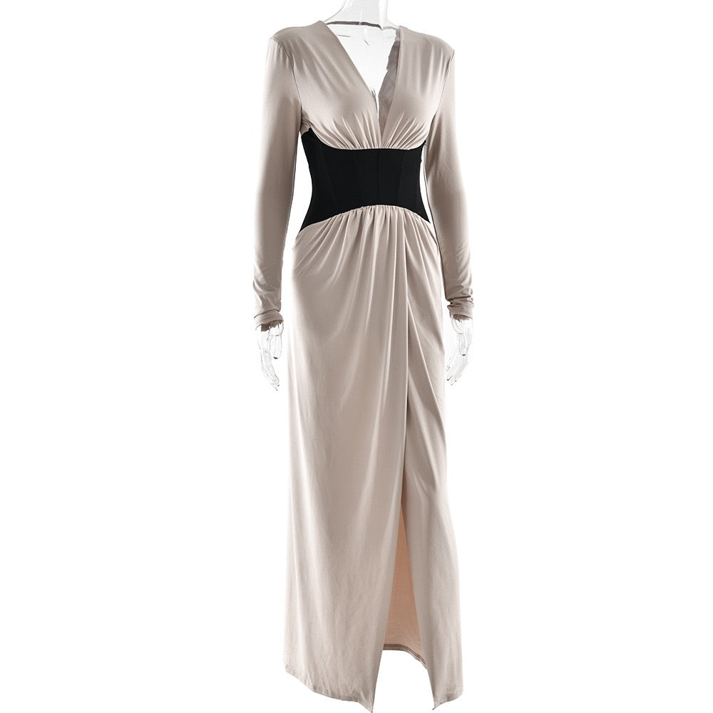 Corset Maxi Dress with Slit and Pleats, V-Neck, Open Back - TANIR