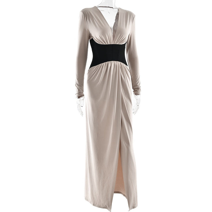 Corset Maxi Dress with Slit and Pleats, V-Neck, Open Back - TANIR